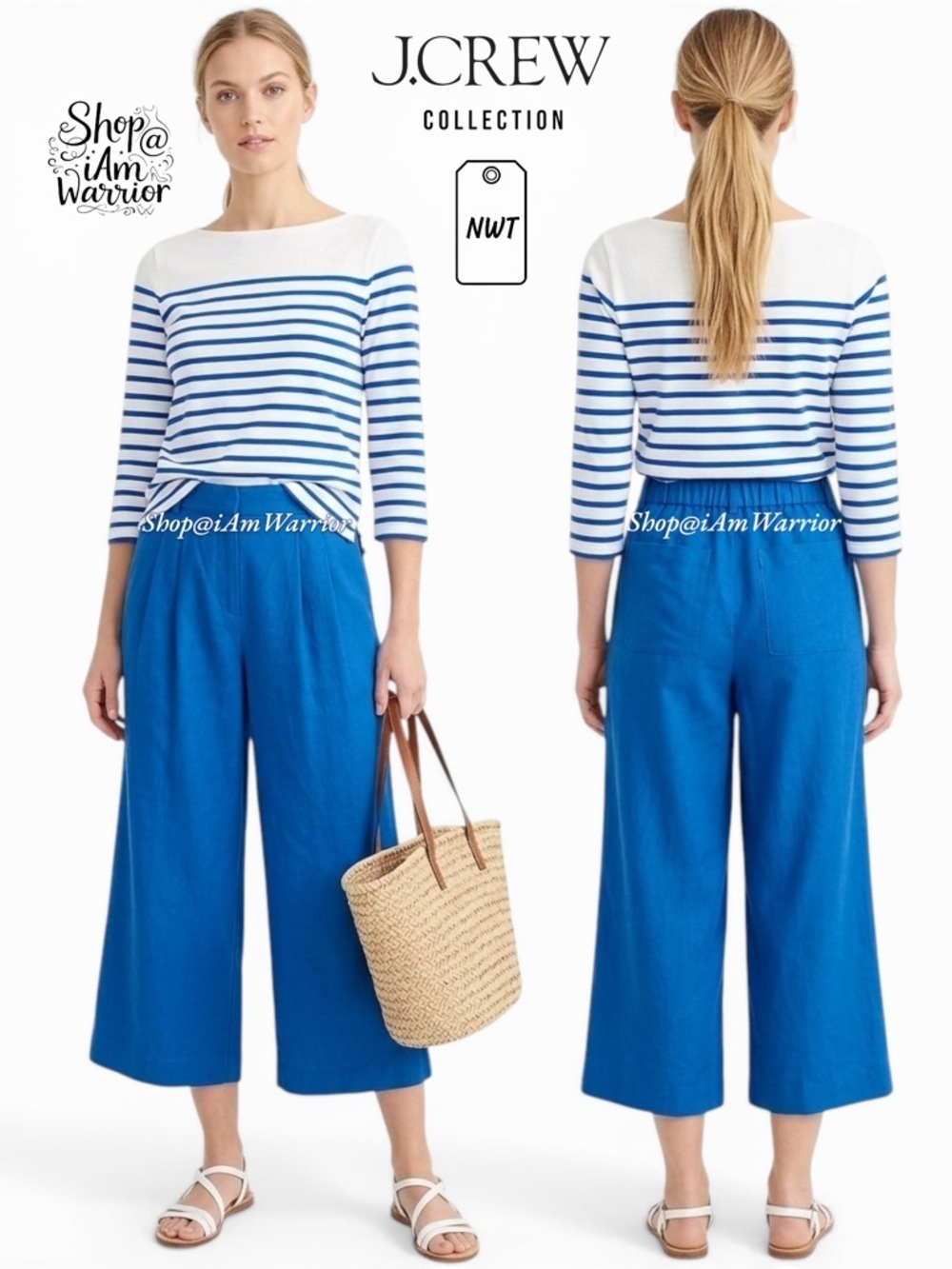 J.Crew Collection NWT electric blue linen blend wide leg crop pants *iamwarrior